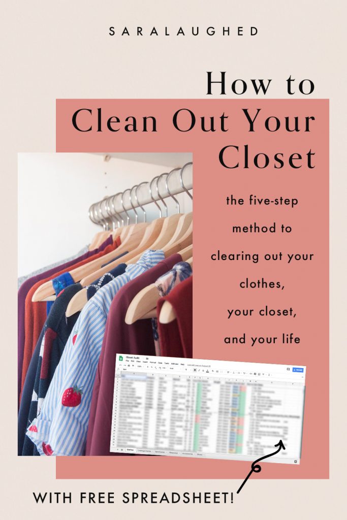How to clean out your closet with a closet audit. Pictured: a cover image with a picture of a closet and of the free spreadsheet.