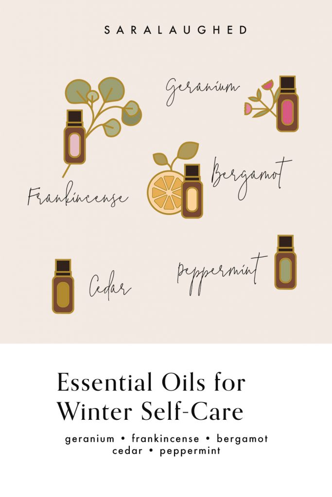 Essential oils for winter self-care. A picture showing geranium, bergamot, cedar, peppermint, and frankincense essential oils.